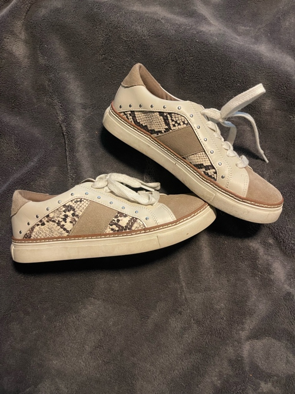 Neutral Snake-Print Low Top Sneakers - Beige, Cream, Brown